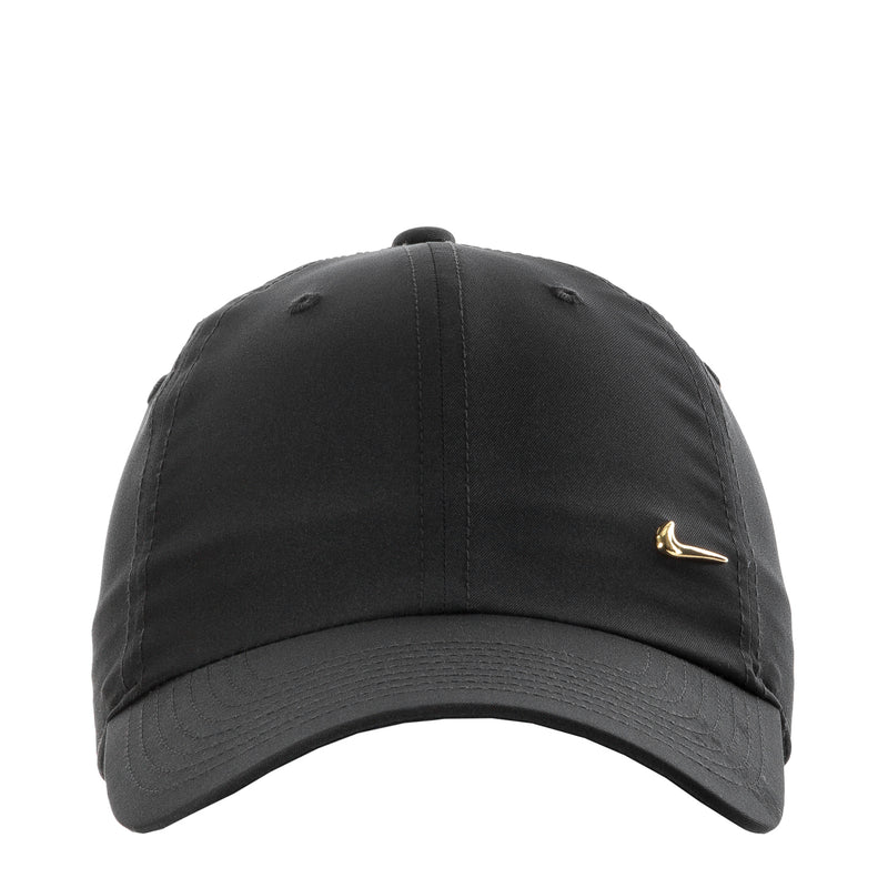 Black strapback cap with metallic gold Nike Swoosh on the front, curved brim.