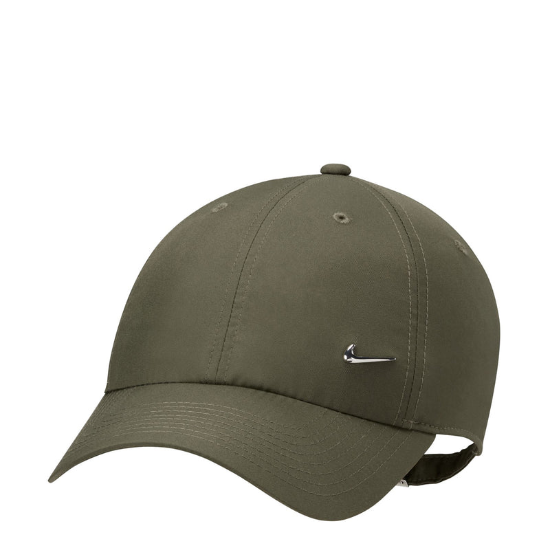 Medium olive strapback cap with silver Nike Swoosh logo and curved brim