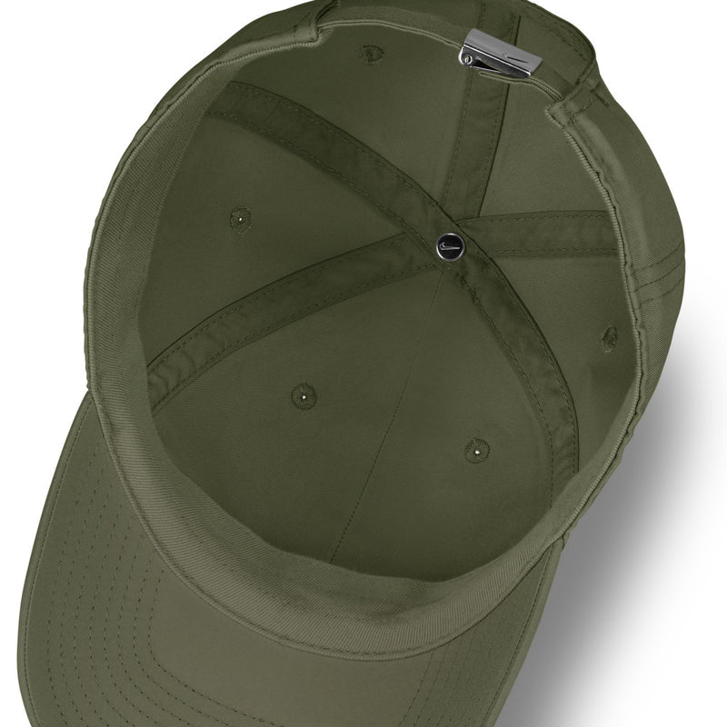 Medium olive strapback cap interior view with stitched panels and metal adjuster
