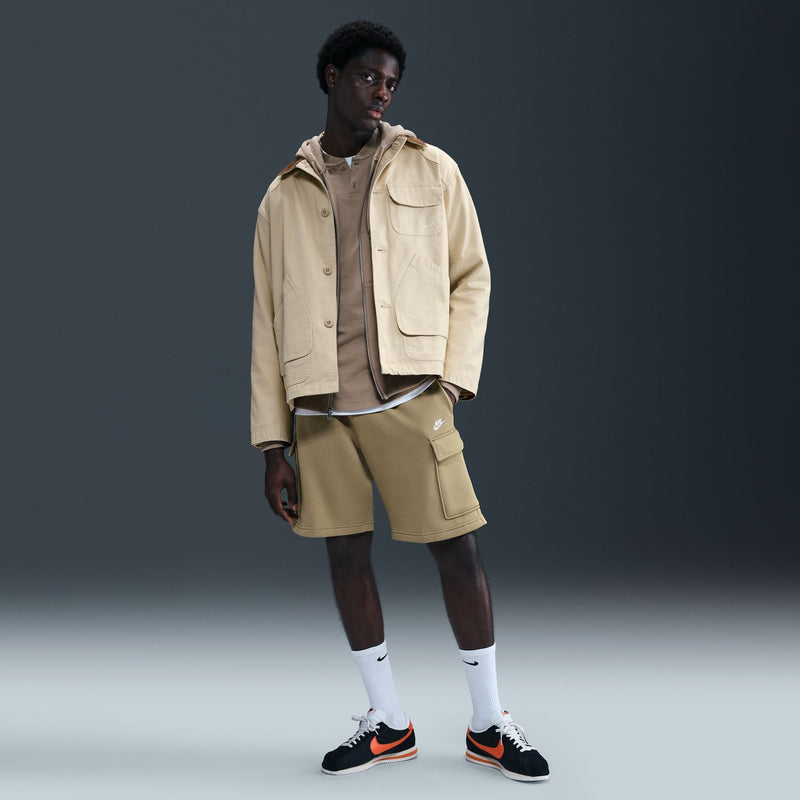 Mens parachute beige cargo shorts with utility pockets and drawstring elastic waist
