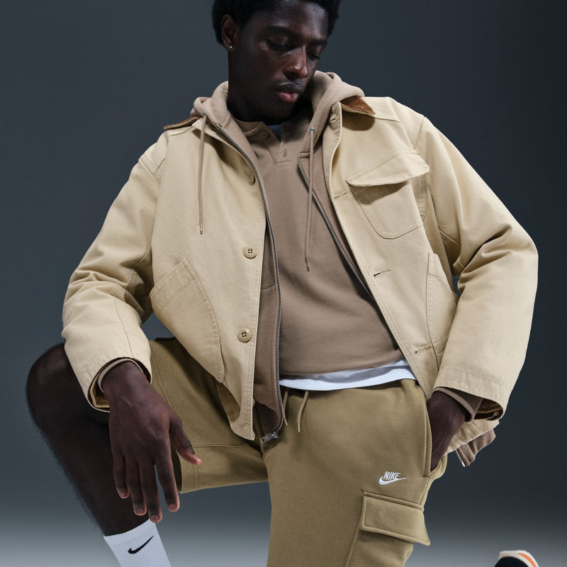Mens parachute beige cargo shorts with drawstring waist and front side pockets