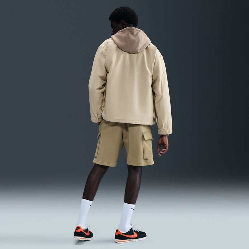 Mens parachute beige cargo shorts from back, elastic waist and utility pockets
