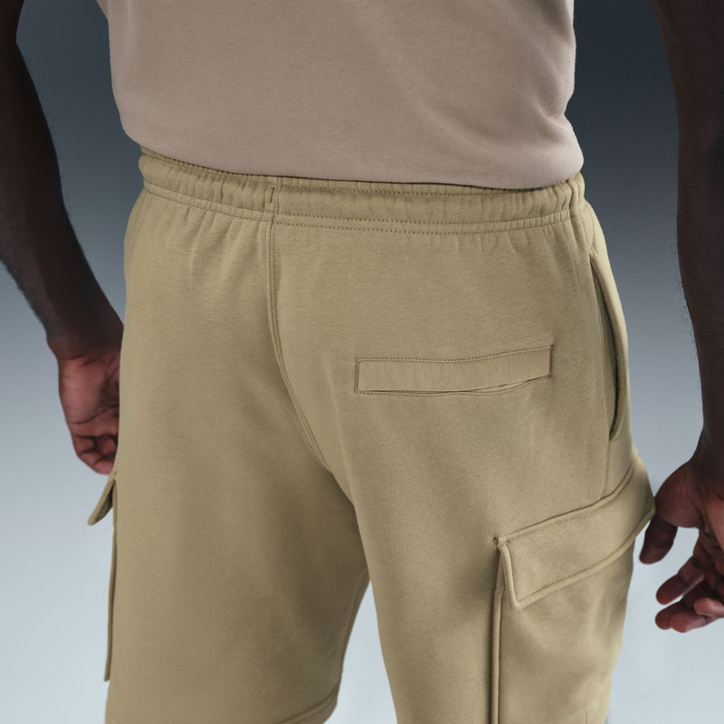 Mens parachute beige cargo shorts close-up with drawstring waist and pocket details