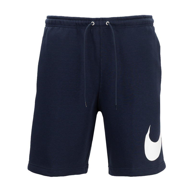 Men's fleece shorts in dark navy with drawstring and white side swoosh logo