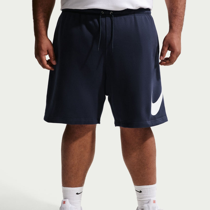 Men's fleece shorts, dark navy, white swoosh on leg; elastic waist and drawcord
