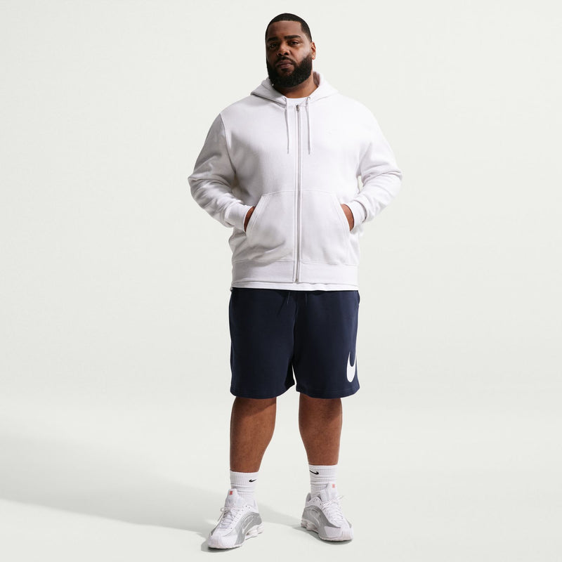 Men's fleece shorts with drawstring waistband, dark navy and white swoosh logo