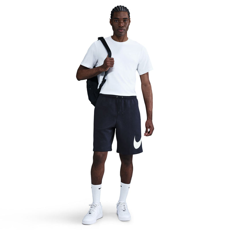 Men's fleece shorts, dark navy with white swoosh on front leg; side elastic waist