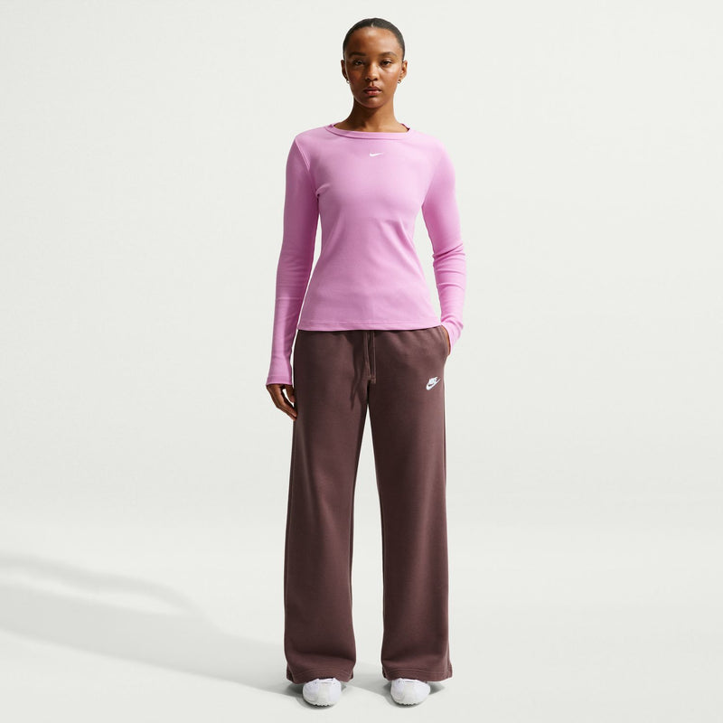 Womens wide-leg fleece pants, dark brown with drawstring waistband and side logo