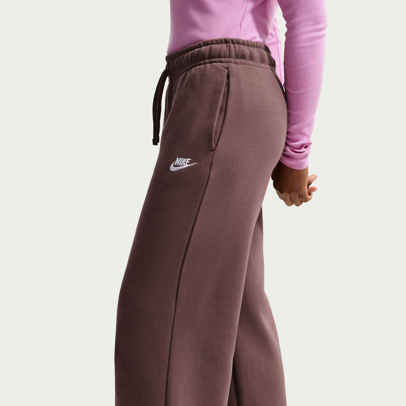 Womens wide-leg fleece pants close-up: dark brown drawstring waist and side logo