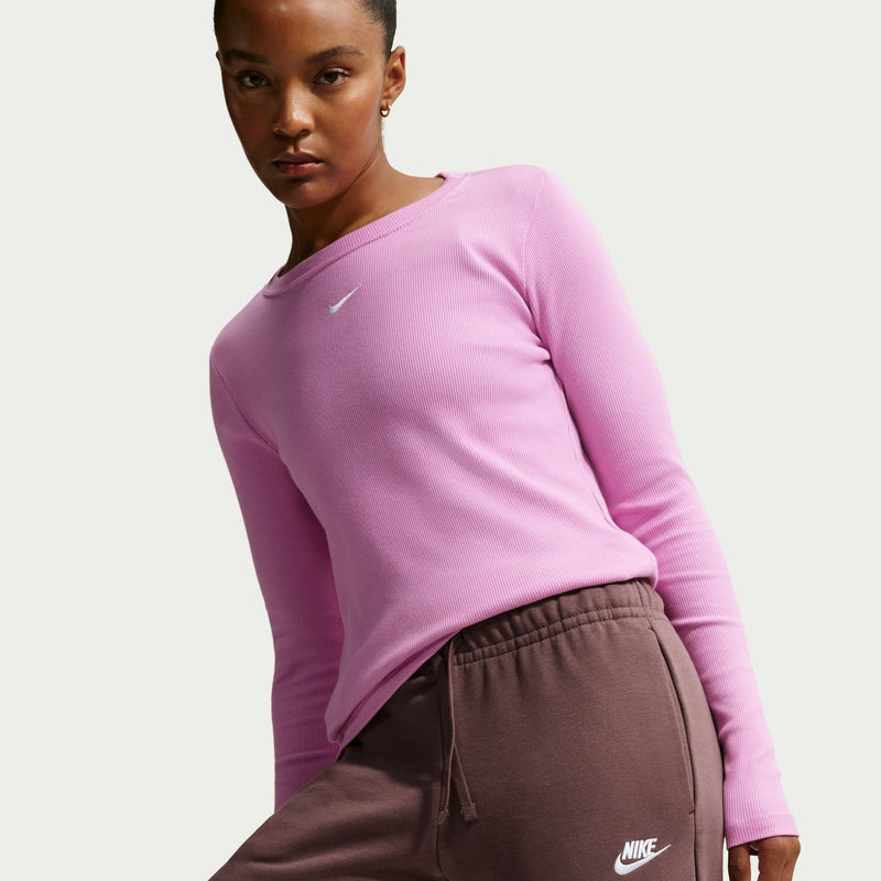 Womens wide-leg fleece pants worn with long sleeve top; dark brown drawstring waist