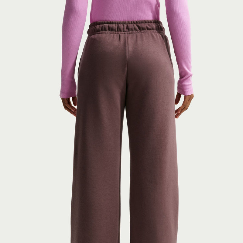 Womens wide-leg fleece pants detail: dark brown elastic waist and roomy straight legs
