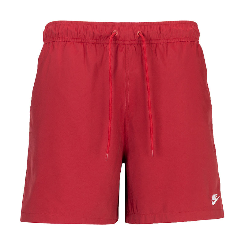 Men's crimson drawstring swim shorts with elastic waist and side pockets
