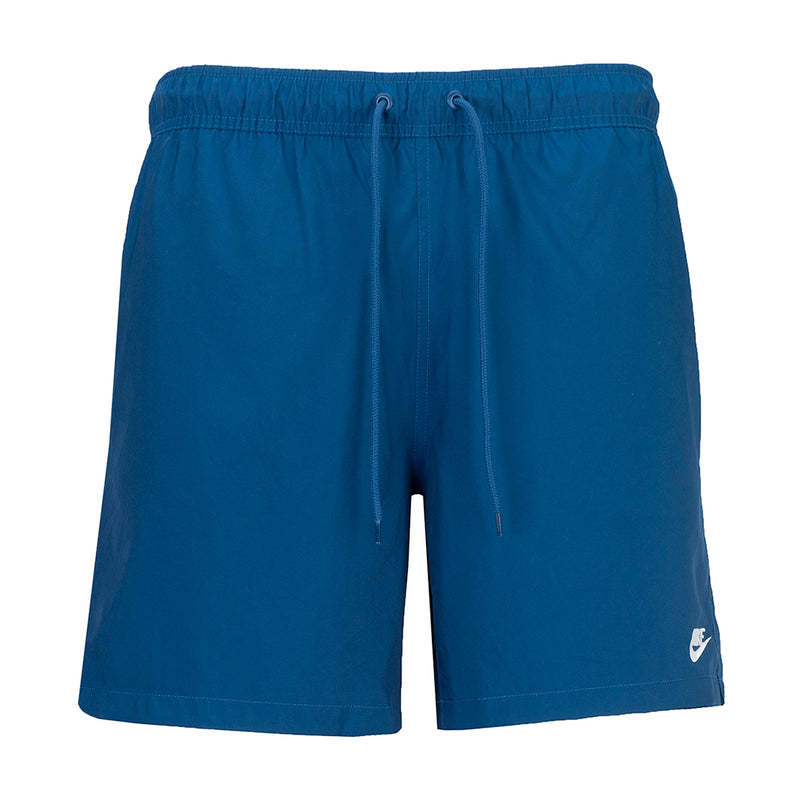 Men's blue drawstring swim shorts with elastic waistband and side pockets