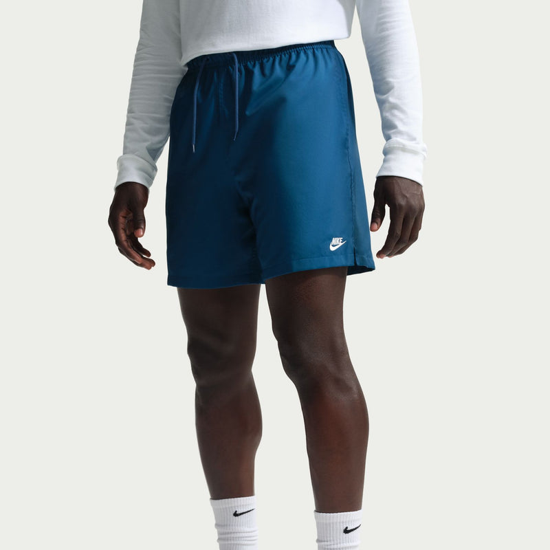 Men's blue athletic shorts, elastic waistband, drawstring ties, small side logo