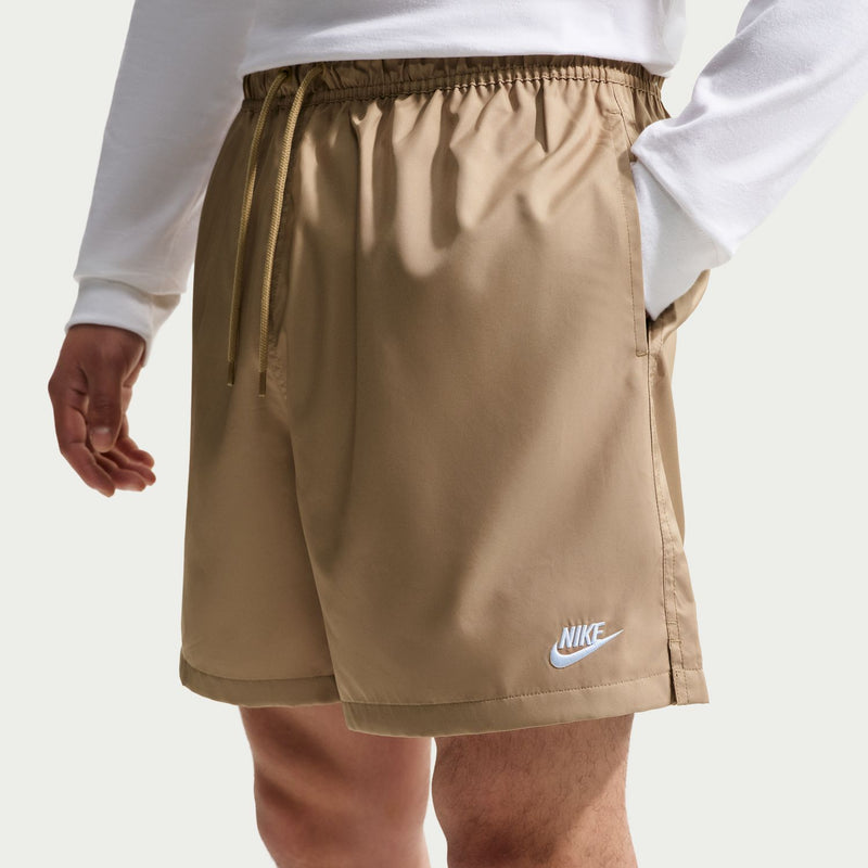 Men's parachute beige shorts with elastic waistband, drawcord, and side pocket