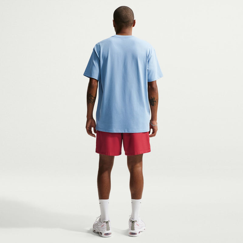 Men's crimson shorts rear view with elastic waistband and straight hem