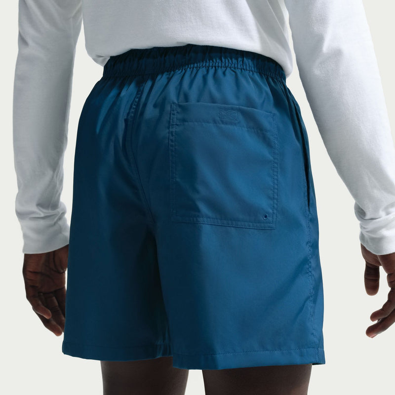 Blue shorts close-up: elastic waistband, side pocket, and drawstring
