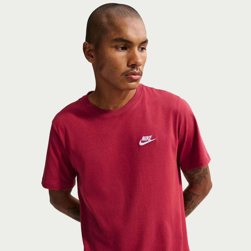 Men's deep red crew-neck T-shirt with small Nike logo on the left chest.