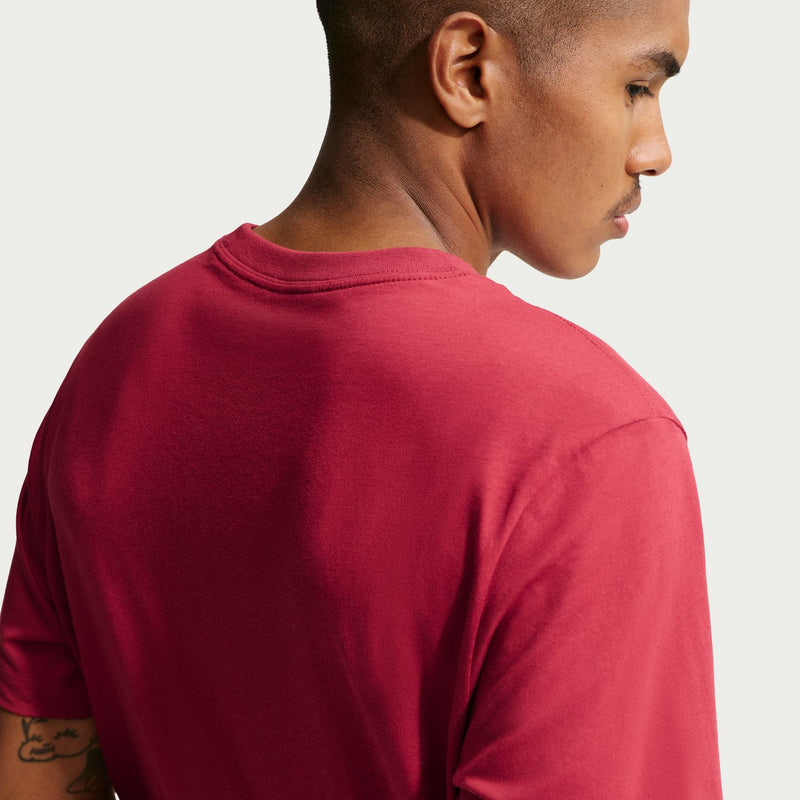 Men's deep red crew-neck T-shirt, back and shoulder detail view.