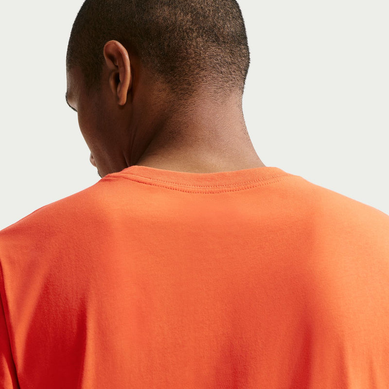 Men's coral orange crew-neck t-shirt back view, smooth neckline