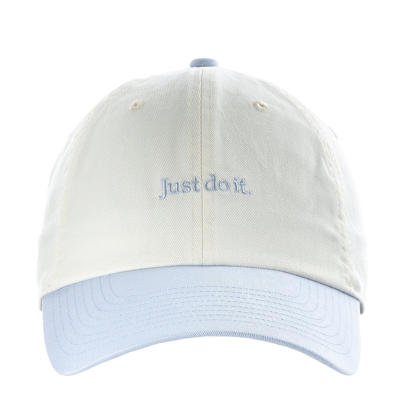Unstructured strapback cap with curved light-blue bill and 'Just do it' front embroidery