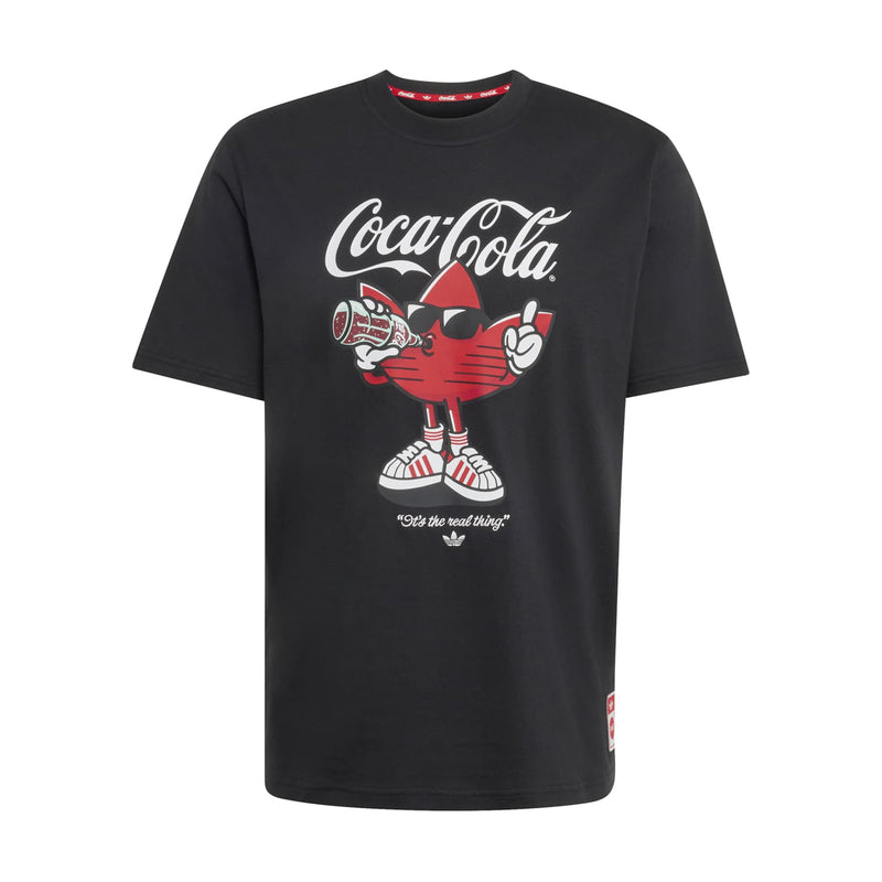 Men's black T-shirt with Coca-Cola cartoon logo graphic on chest