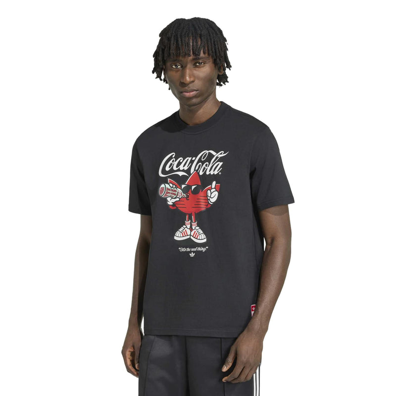 Men's black graphic T-shirt with Coca-Cola cartoon print, short sleeves