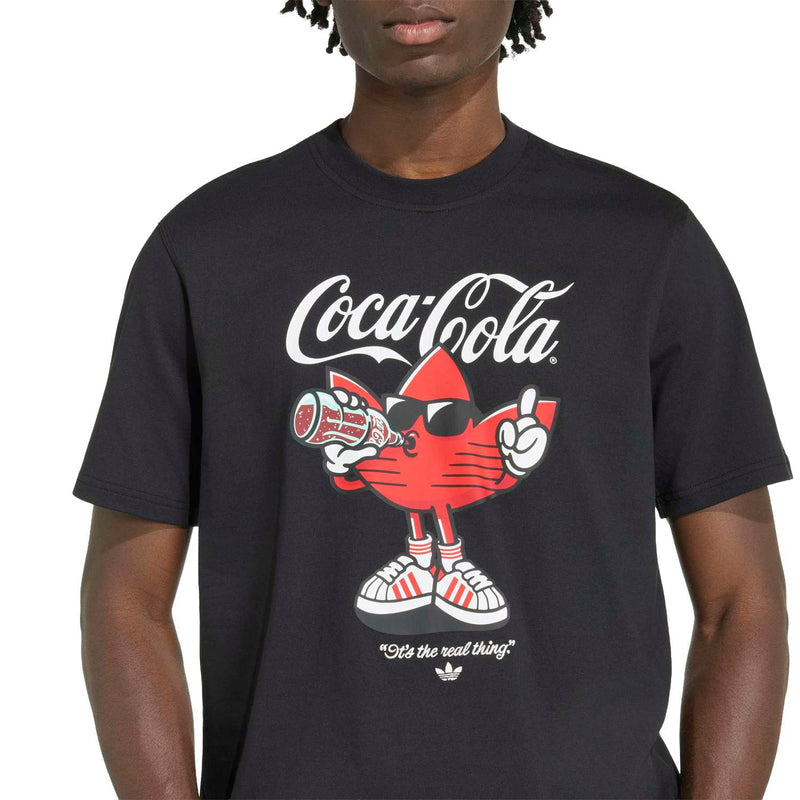 Men's black T-shirt featuring Coca-Cola cartoon logo and script lettering