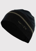 The Woolx Cold Snap Beanie in Black Olive features a subtle horizontal gray stripe and "woolx" stitched in gray on the front, shown against a plain light gray background.