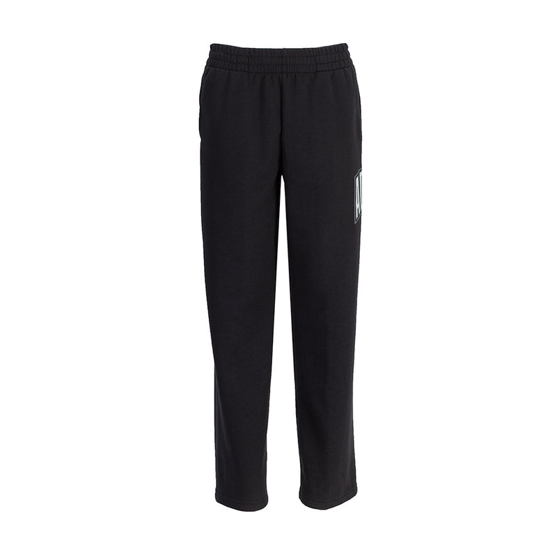 Black youth fleece pants with elastic waistband and side logo on leg