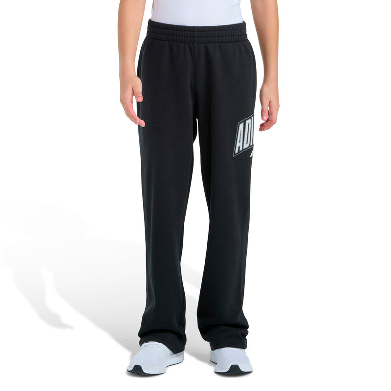 Black youth fleece pants with side ADIDAS logo and elastic waistband