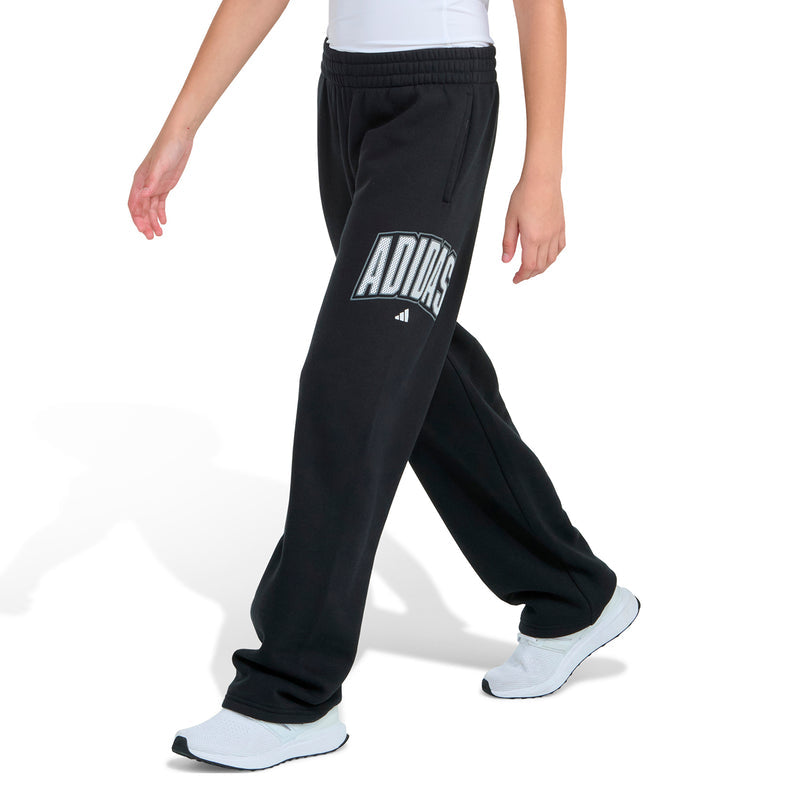 Black youth fleece pants with diagonal ADIDAS logo patch and elastic cuffs