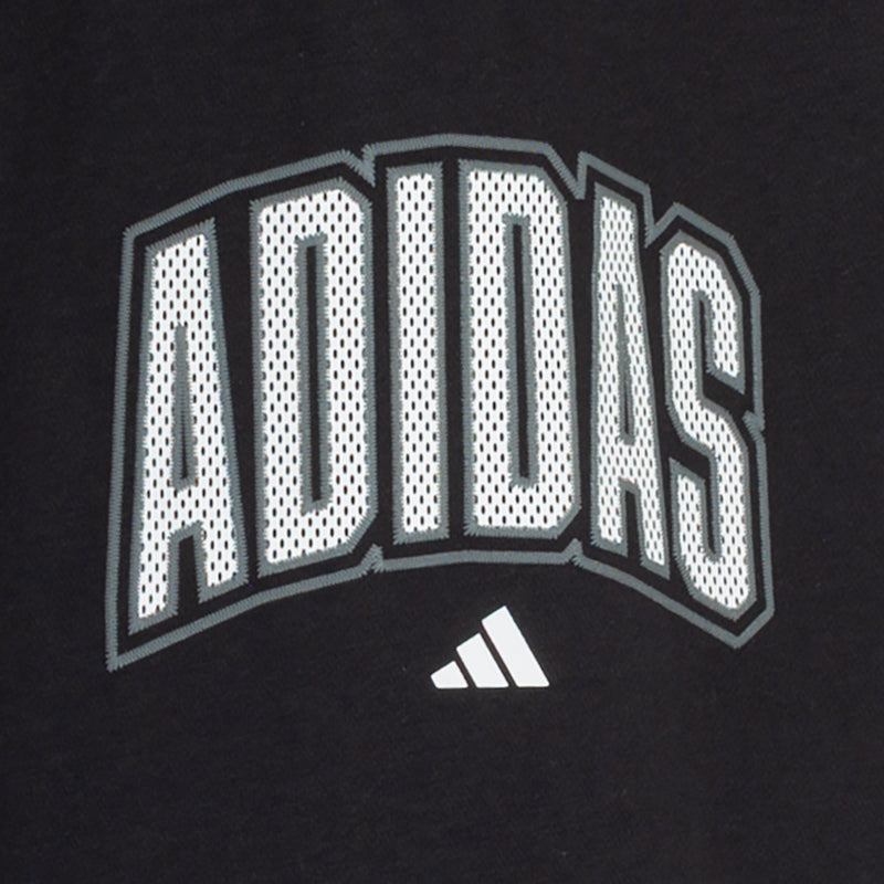 Black youth fleece pants with large white ADIDAS logo graphic on leg