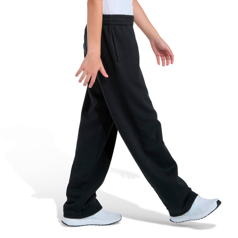 Black youth fleece pants with elastic waistband and straight leg