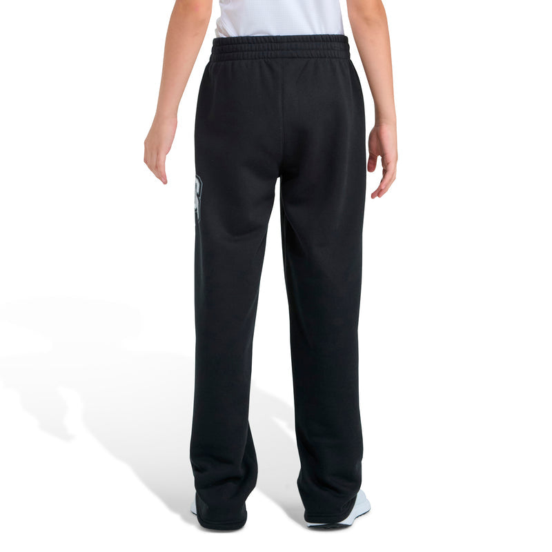 Black youth fleece pants with elastic waistband, back view