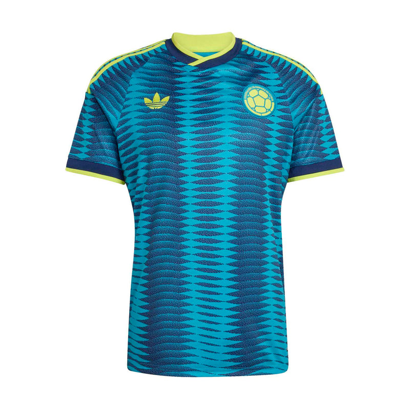 Men's Colombia away soccer jersey in turquoise with zigzag pattern and yellow trim