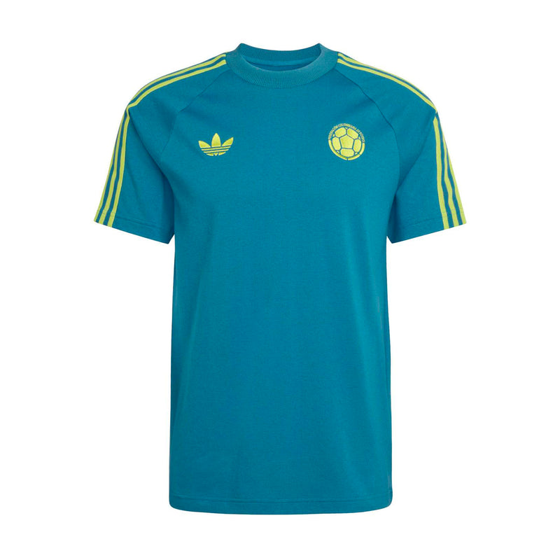 Men's teal soccer T-shirt with yellow shoulder stripes and crest on chest