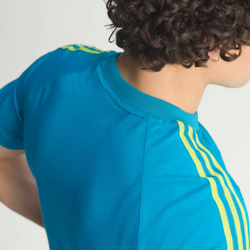 Teal crewneck T-shirt with yellow triple-strap shoulder stripe detail on back