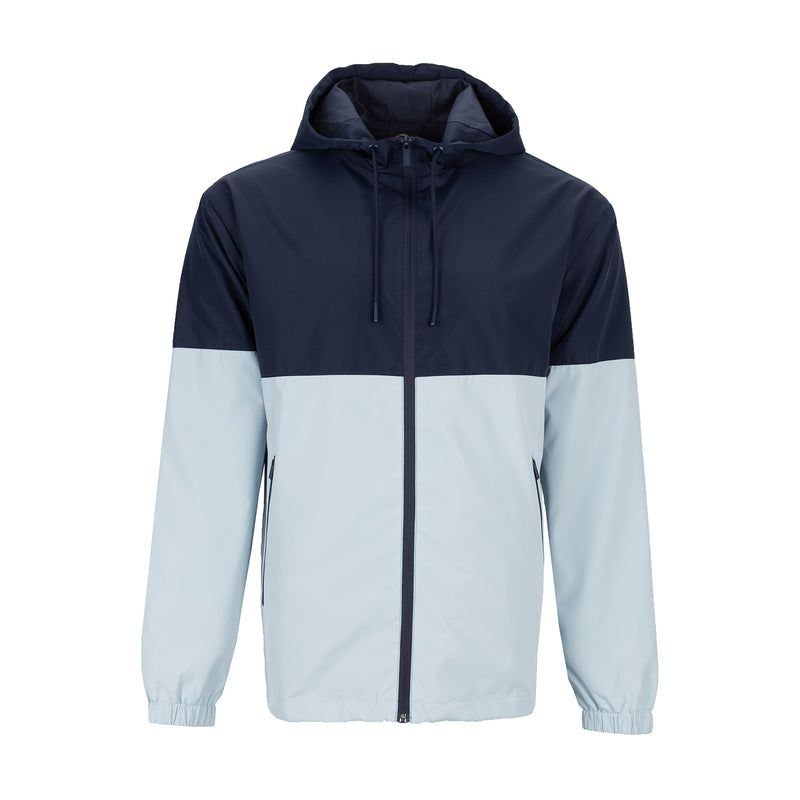 Colorblock windbreaker jacket with hood, navy and light blue panels, full front zipper.