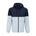 Colorblock windbreaker jacket with hood, navy and light blue panels, full front zipper.