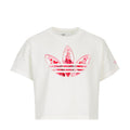 Youth off-white tee with pink confetti trefoil graphic centered on chest