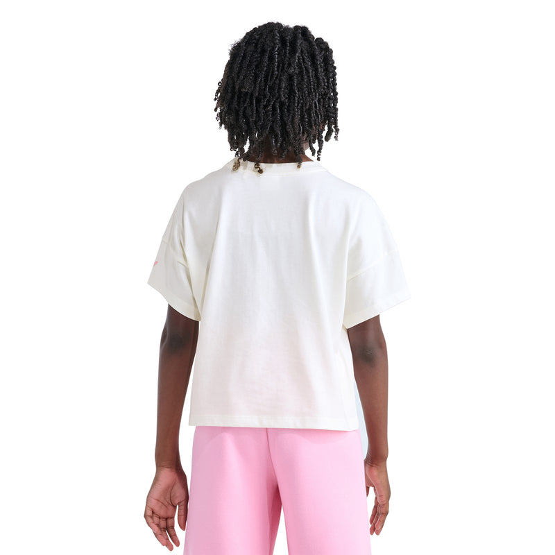 Youth off-white confetti trefoil graphic tee on model, back view