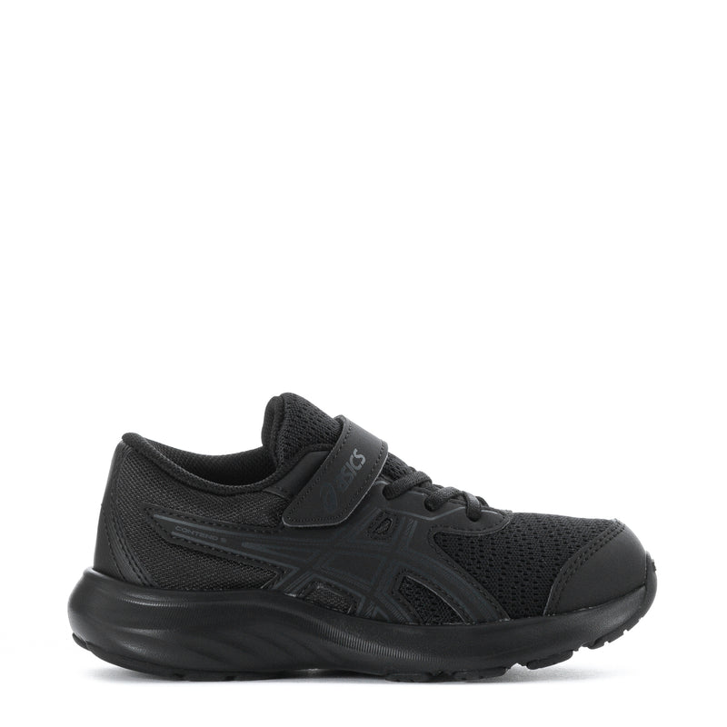 Kids black lace-up sneakers with mesh panels, side logo detail, and chunky cushioning