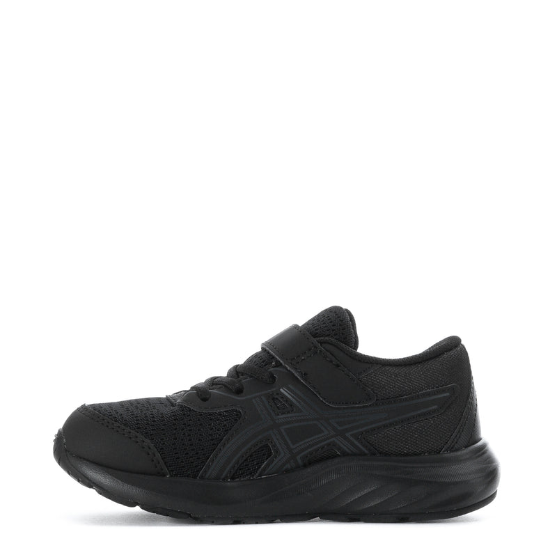 Kids black lace-up athletic sneakers with mesh upper and thick molded outsole