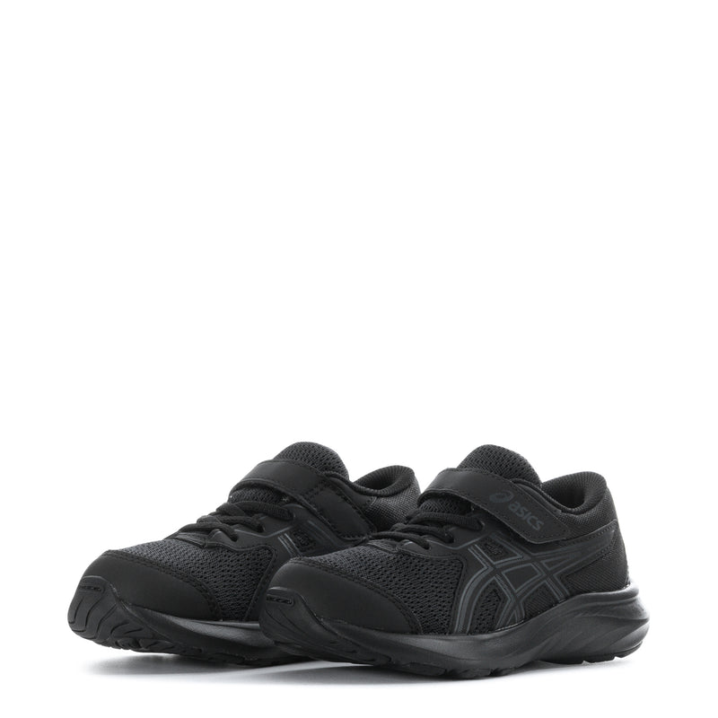 Kids black lace-up athletic sneakers, two-quarter view, mesh upper and tread sole