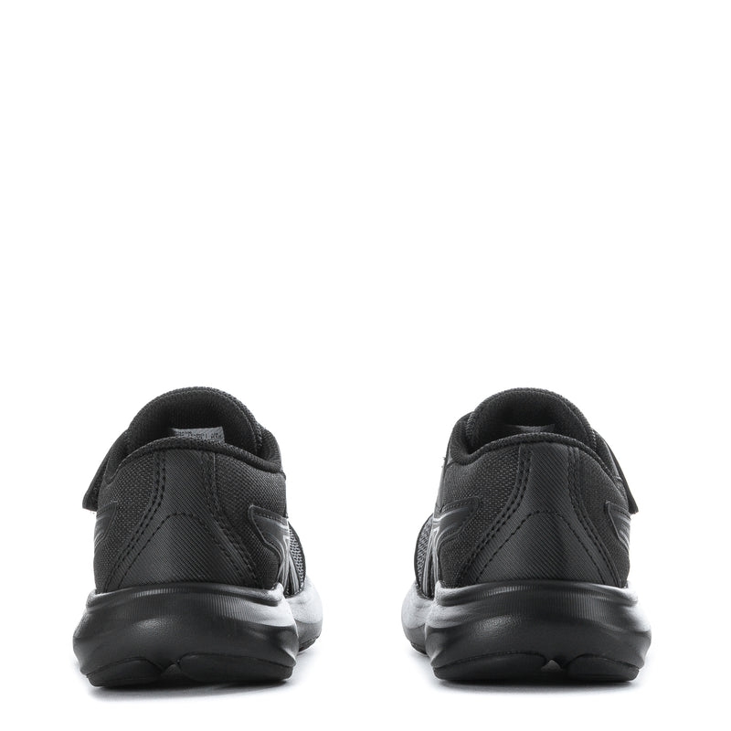 Kids black sneakers, rear view with heel pull tab and cushioned padded collar