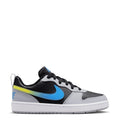 Youth low-top sneakers with black, white, blue and neon yellow accents
