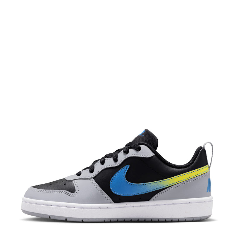 Youth low-top sneakers side view in black, white, blue, and neon yellow