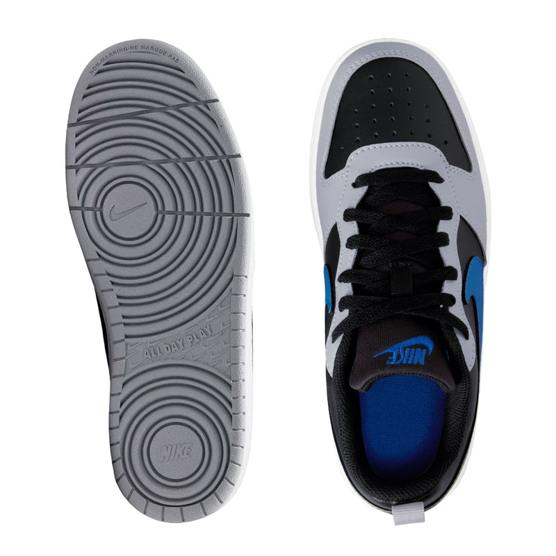 Youth sneakers outsole and heel view, black and blue with white sole