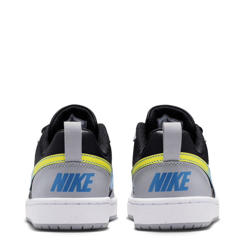Youth sneakers heel view with NIKE branding, black, white, blue, neon yellow